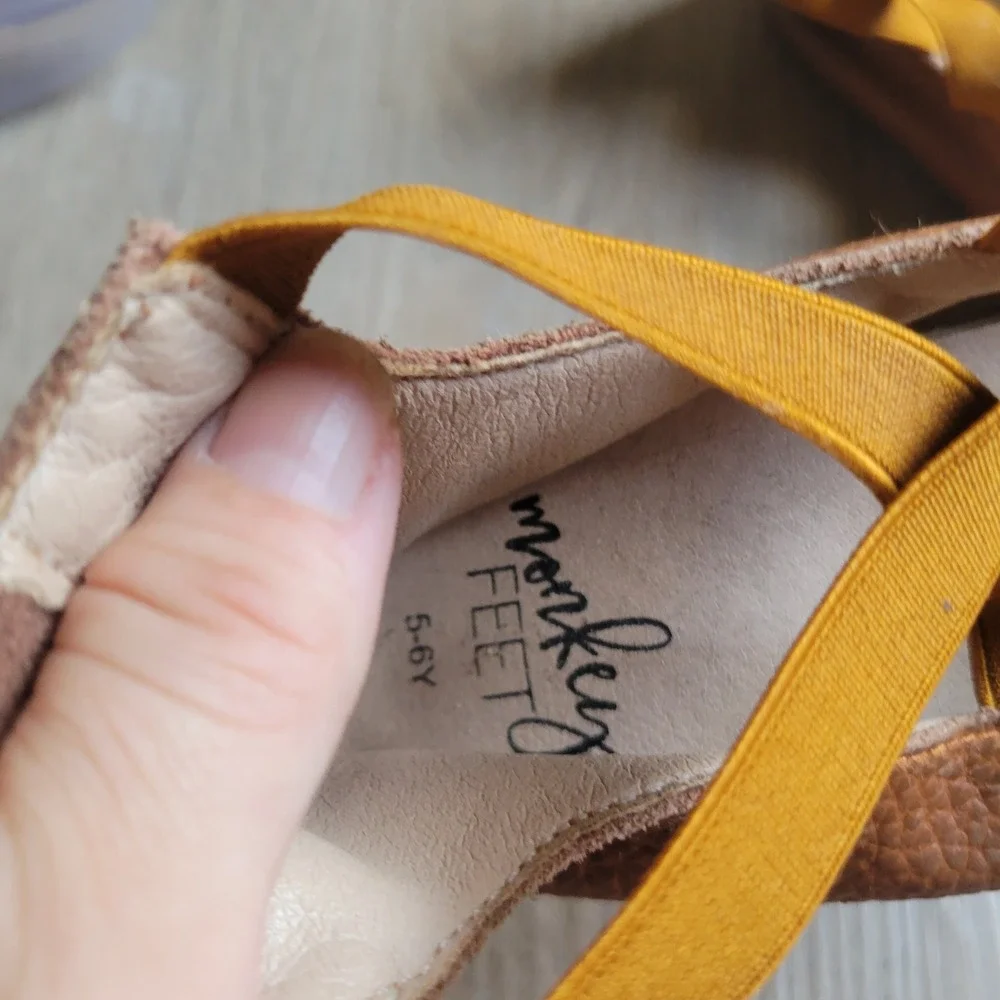 Monkey Feet Girls Ballet Flats 5-6Y Tan Leather Mustard Elastic Boho Mary Jane